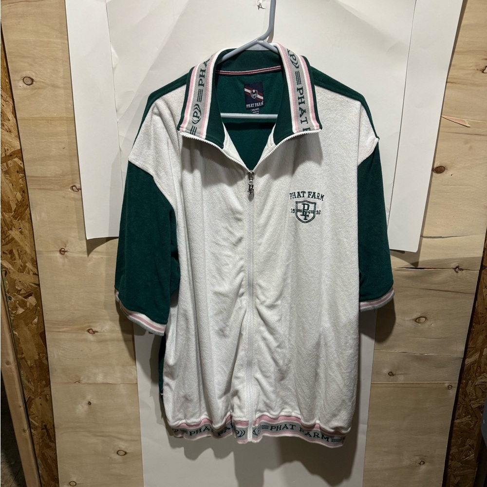 Phat Farm Supreme Terry S/S Zip Up Polo Shirt White Green SS20 New Large Top